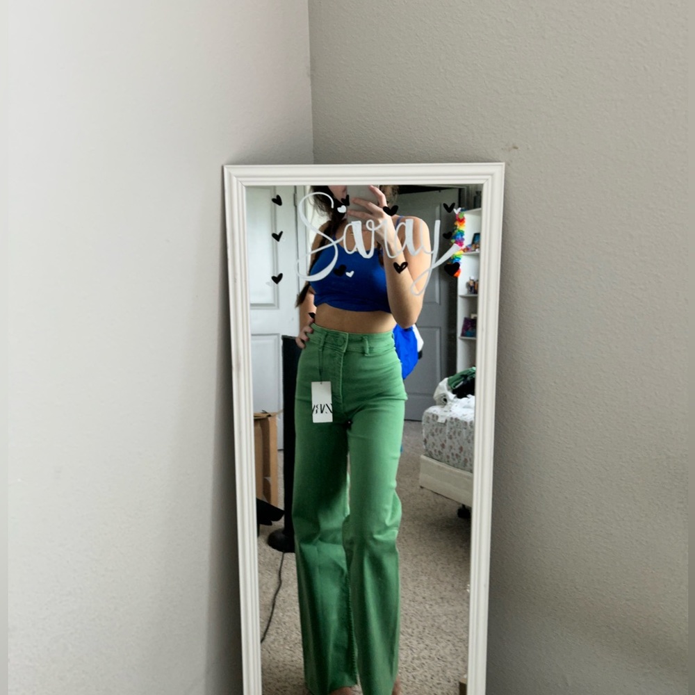 zara high waisted zw straight green jeans